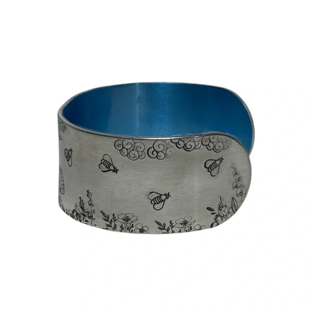 Handmade stamped Be You floral adjustable‎  hypoallergenic silver cuff bracelet